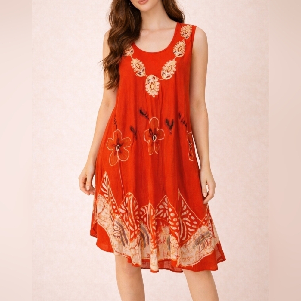 Vtg METROPOLITAN Batik Floral Embroidered Sleeveless Artsy Beach Festival Dress